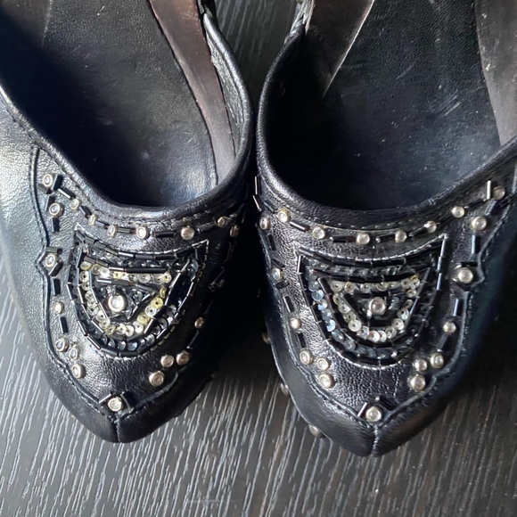 Women’s Hilary Radley sz.8M Black Leather/Wood Ankle Strap Heels Embellish/Rivet - Picture 9 of 16
